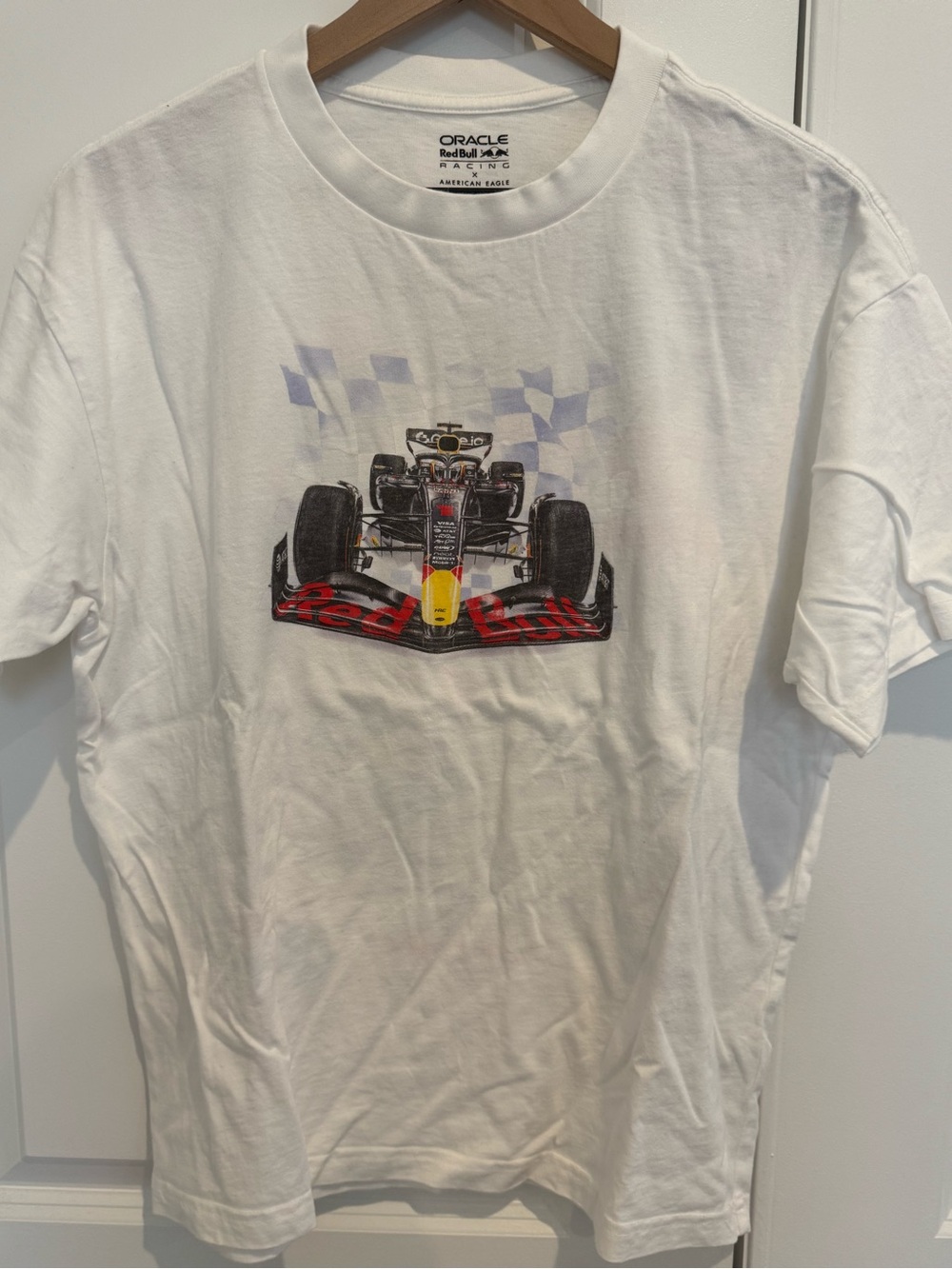 American Eagle Outfitters White Tee with Red & Yellow Race Car Graphic